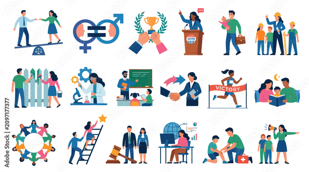 Fototapeta premium Flat Vector Illustration of Diverse People, Social Concepts, Life, Career, Family, and Community Development
