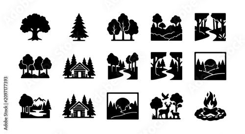 Bild auf Leinwand Forest Landscape Icons, Nature Scenes Vector Set, Woodland Silhouettes, Outdoor