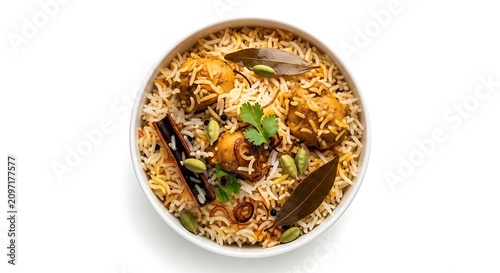 Delicious bowl of rice and chicken with spices and herbs on white background