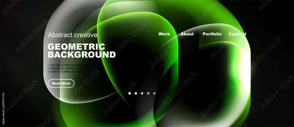 Naklejka premium Dark background features vibrant green abstract shapes. Website header includes navigation options, text, button. Modern design aesthetic.