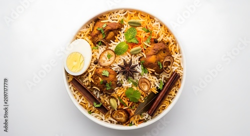 Delicious bowl of rice with chicken meat egg and spices on white surface