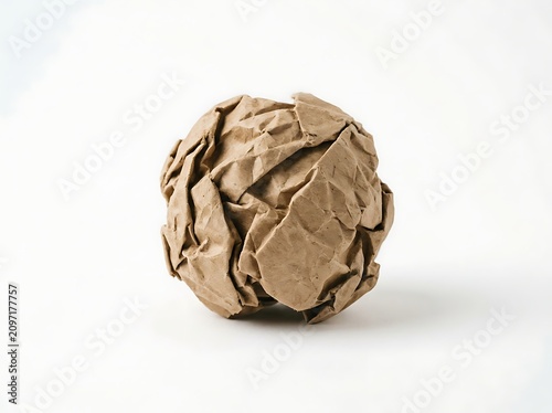 Crumpled paper ball made of brown craft material isolated white