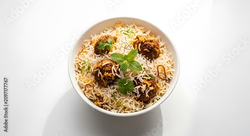 Delicious bowl of rice with meat and herbs on a white surface one dish