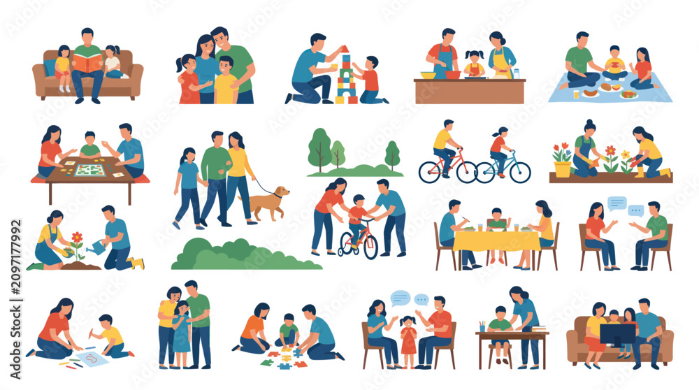 Naklejka premium Family Activities Flat Vector Icons: Diverse People Enjoying Quality Time Together
