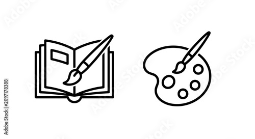 Open book and artist palette painting tools outline icons