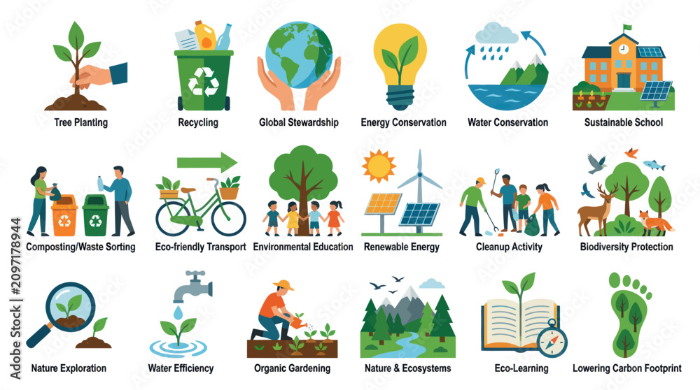 Naklejka premium Eco-friendly Icons: Sustainability, Recycling, Nature, Energy, Education, Environment