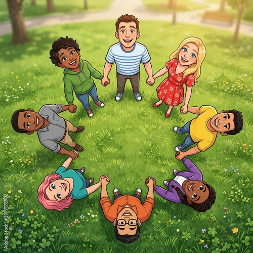 A diverse group of friends holding hands in a green park