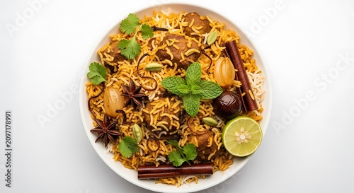 Delicious plate of rice and chicken biryani with herbs and spices on white background