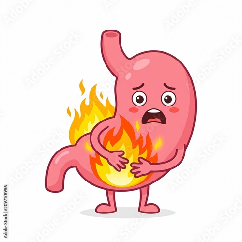 A cartoon stomach with flames coming out of it and a worried expression