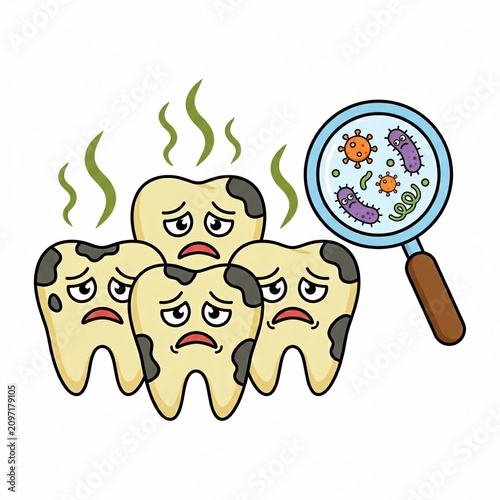 Tooth decay illustrations with bacteria under a magnifying glass