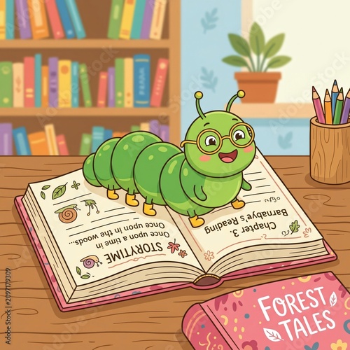 A green caterpillar wearing glasses reads a storytime book in a classroom
