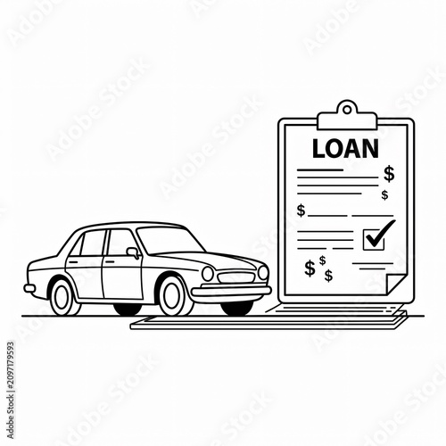 A car loan icon with a clipboard and dollar signs