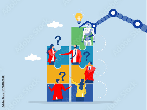 ai AI, Artificial Intelligence,robot new joiner to connect jigsaw puzzle,New joiner to fill in team and solve problem, teamwork to get solution, put right man in the right job to fit job