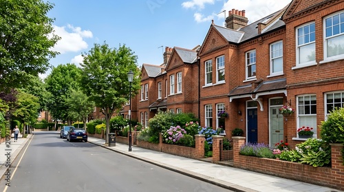 Residential brick terraced houses with blooming gardens on sunny street