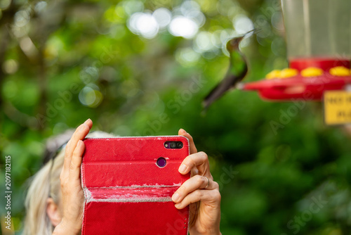 Tourist capturing hummingbird at bird feeder in Costa Rica using smartphone