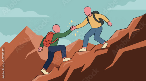 Hikers helping each other climb mountain, teamwork and support concept