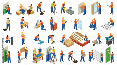 Canvastavla Construction Workers Performing Various Tasks Isometric Vector Illustration