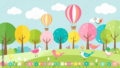 Colorful hot air balloons floating over a whimsical garden scene.