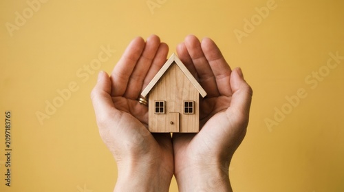 Pair hands holding small wooden house A model is being gently held by