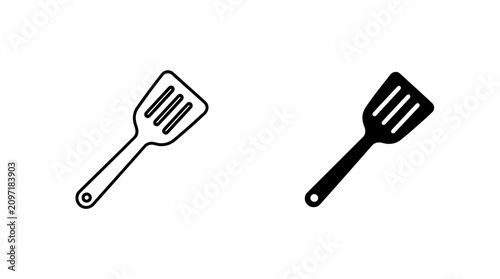 фотографія Kitchen spatula icon set in line and solid style with cookware
