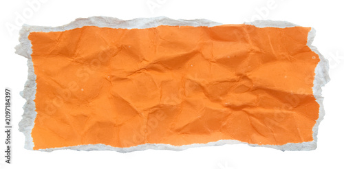A piece of orange torn and crumpled paper on a white background. brown paper, carton