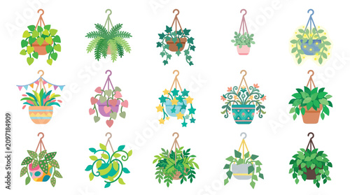 Collection of various hanging potted plants with decorative hangers and colorful pots.