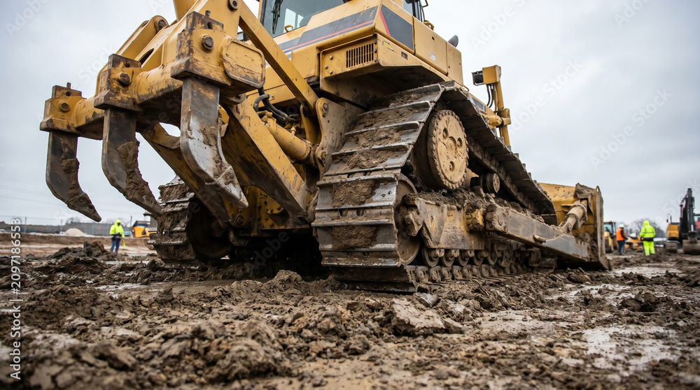 Fototapeta premium Close-Up View of Bulldozer Tracks and Blade on Wet Muddy Construction Ground