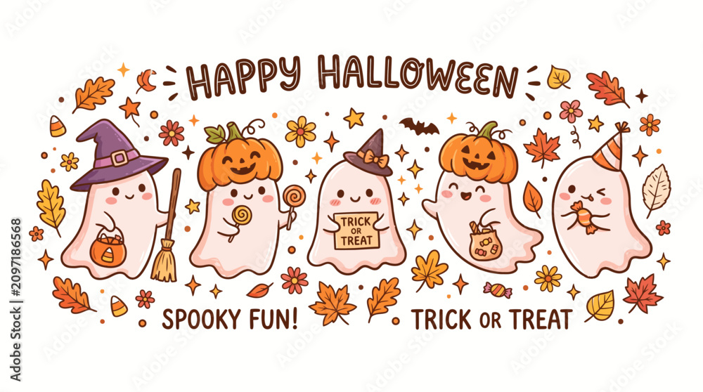 Fototapeta premium Charming cartoon ghosts celebrating a festive Halloween with autumn leaves and spooky fun