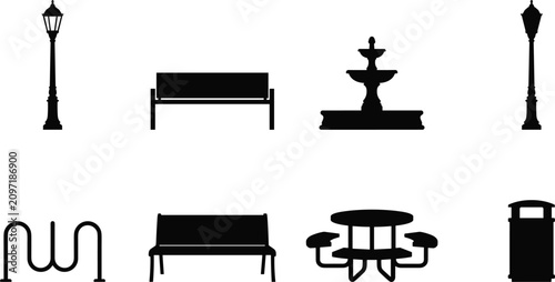 Set of black park and street furniture icons including lamp posts, benches, fountain, picnic table, and trash bin.