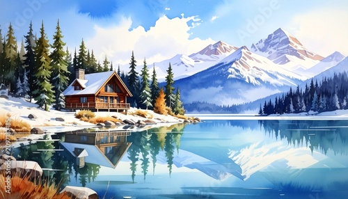 Scenic mountain lake with wooden cabin and evergreen trees.