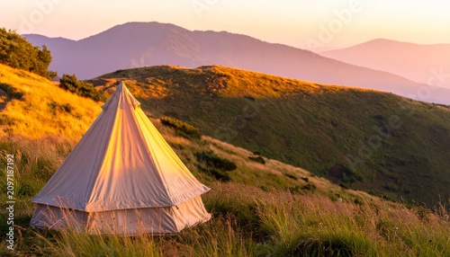 Golden sunset over a mountain tent camping scene.