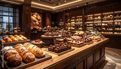 Luxurious gourmet pastry display in elegant bakery setting.