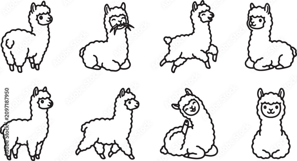 Fototapeta premium Cute alpaca character set, hand drawn llama doodle collection with 8 vector icons, minimalist black and white animal illustrations for stickers isolated on Transparent Background