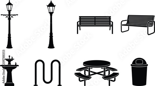 Set of black park and street furniture icons including lamp posts, benches, fountain, picnic table, and trash bin.