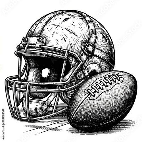 An American football helmet and football arranged in a dynamic sports composition, featuring detailed protective equipment with realistic textures, bold contours, and classic athletic styling. 