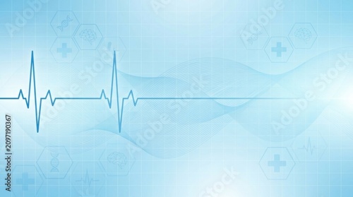 Electrocardiogram line showing a heartbeat rhythm on a clean light blue medical background for health technology design templates.