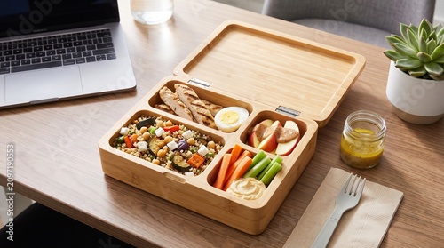 Schilderij op canvas Healthy balanced lunch in a wooden bento box set on a modern office desk for a n