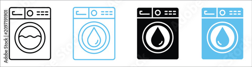 Washing machine icon set with water drops, laundry appliance symbols, fabric care, household cleaning equipment, and domestic utility elements, vector, designs