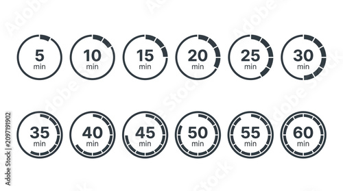Minimalist vector illustration set showing circular clock timers with incremental time intervals for professional design tasks