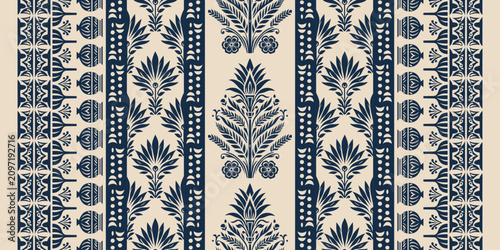 Quadro su tela Vintage Botanical Border Pattern Seamless Navy Blue Cream Greek Neoclassical Flo