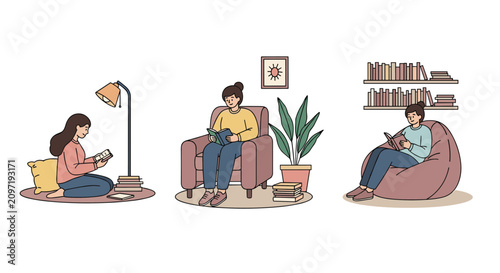 Group of three women reading books in various comfortable indoor settings, promoting literacy and a relaxing hobby for leisure time at home.