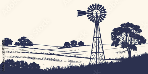 Tableau sur toile Windmill silhouette against rural field and sky, black and white