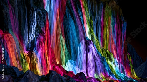 Vibrant colorful lights projected onto towering rock formations creating an immersive and dynamic visual spectacle against a dark background