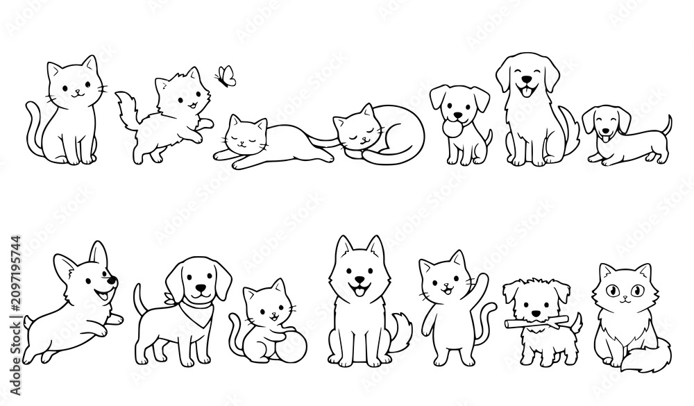 Fototapeta premium Cute Puppy and Kitten Collection with Different Sitting Standing Sleeping and Playing Cartoon Vector Illustrations