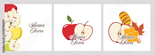Canvas Print Three Shana Tova panels with apples, honey, honeycomb, and autumn leaf, festive