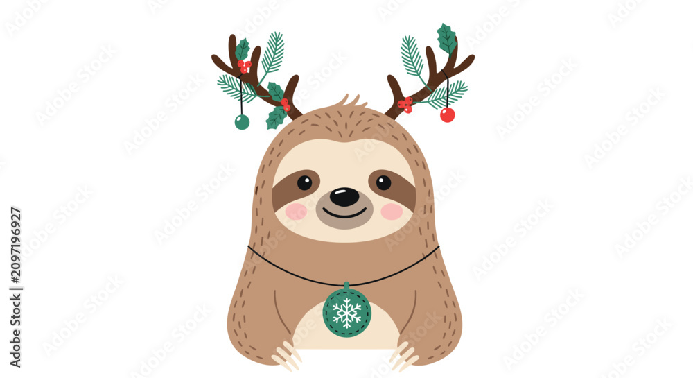 Naklejka premium Cute cartoon sloth wearing festive Christmas reindeer antlers and a snowflake necklace ornament on white background.