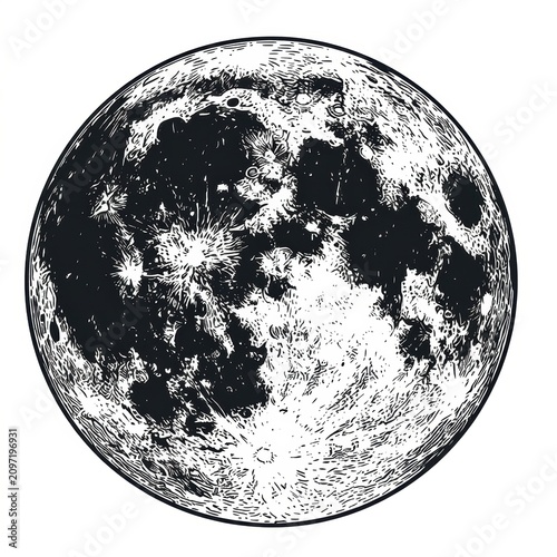 Full moon with a richly cratered lunar surface rendered in a classic scratch board engraving style, showcasing intricate impact craters, rugged maria, and finely textured lunar terrain. 