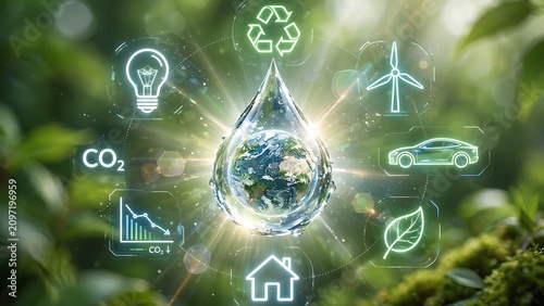 Sustainable future earth protection with renewable energy and environmental icons