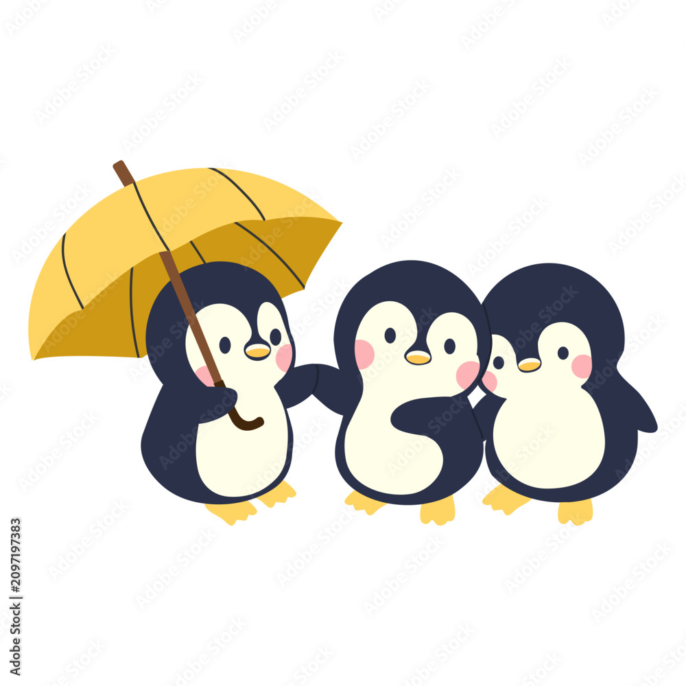Fototapeta premium Three Penguins Sharing One Umbrella