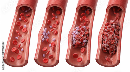 Stages of blood clot formation and platelet aggregation within a human blood vessel illustrating the process of thrombosis and coagulation